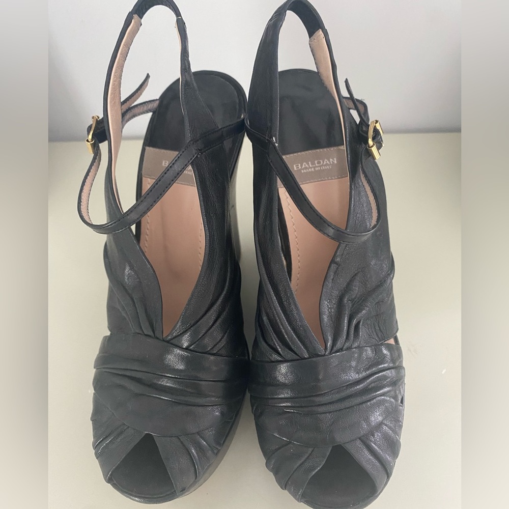 Baldan Black Leather Platform Wedge Shoes, Sz 36